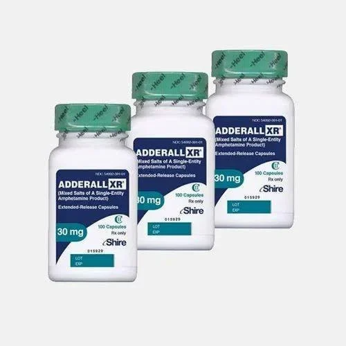 Buy Adderall Xr 30mg Official clinical packaging of Adderall XR 30mg extended-release capsules showing dosage strength, orange and white capsule, and Schedule II controlled drug warning from Pharma Research .eu