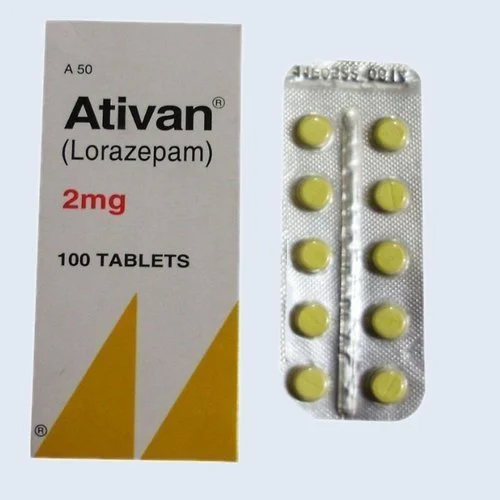 Buy Lorazepam-ativan 2mg Official clinical packaging of Lorazepam (Ativan) 2mg tablets showing dosage strength, white round tablet, and controlled drug warning from Pharma Research .eu
