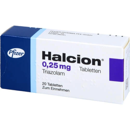 Official clinical packaging of Halcion (triazolam) 0.25mg blue tablets showing dosage strength and controlled drug warning from Pharma Research .eu