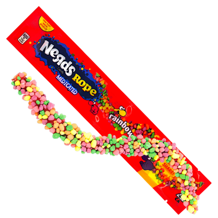 Colourful Nerd Rainbow Rope chewy candy coated in crunchy rainbow candy pieces, shown as a vibrant confectionery snack product.