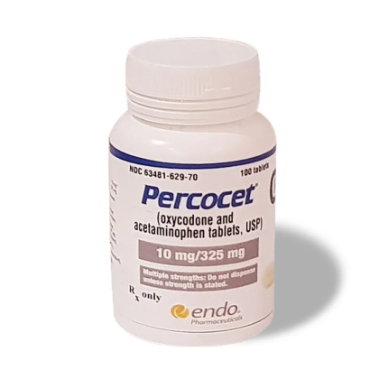 Clinical packaging of Percocet 10 mg/325 mg tablets showing oxycodone and paracetamol dosage information for Pharma Research .eu.
